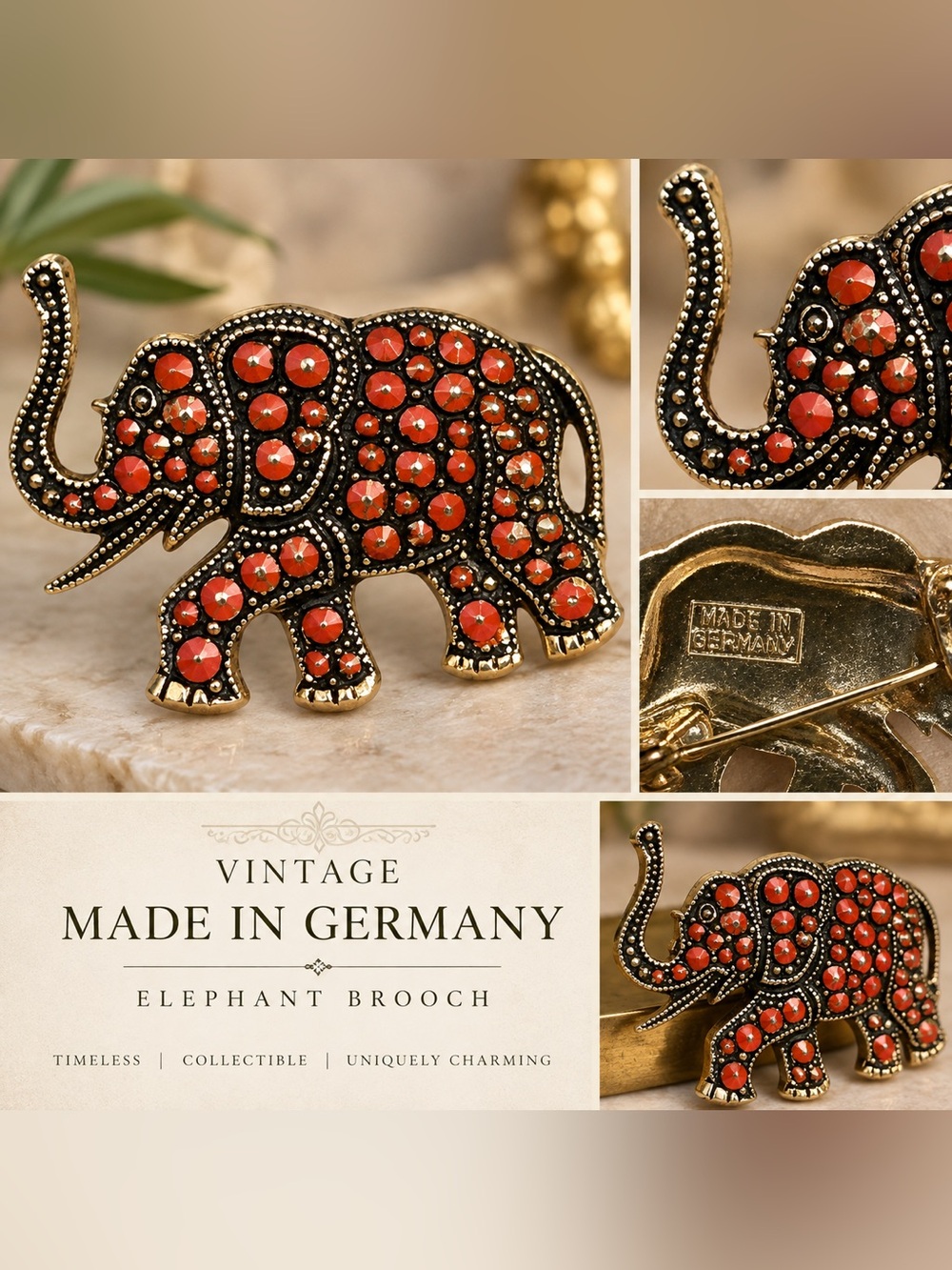 Signed Germany Vintage Elephant Brooch with Red Crystal Accents